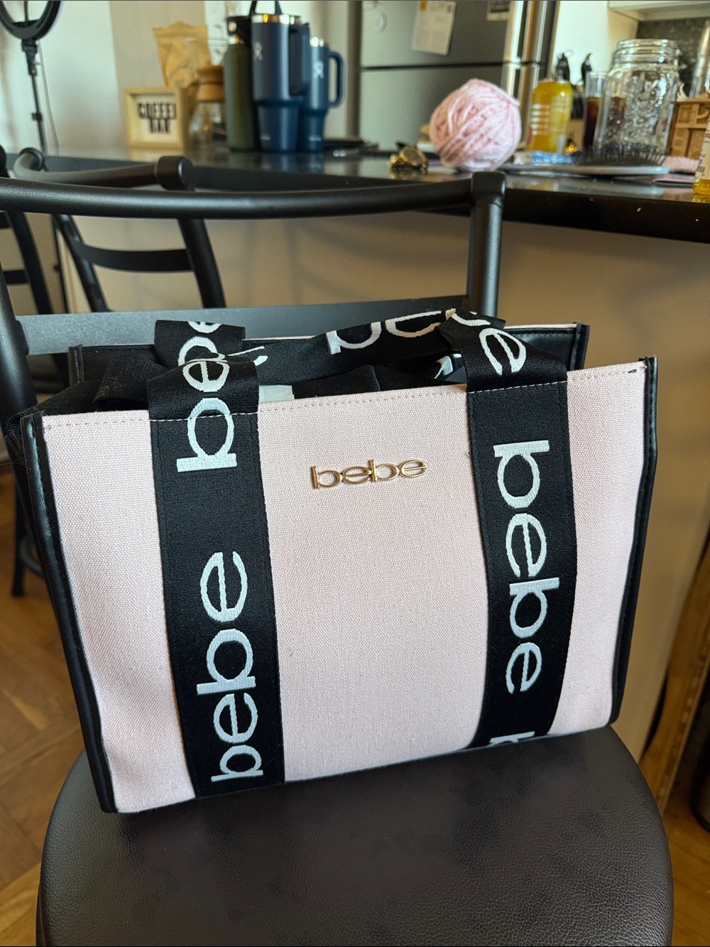 bebe Light Pink Canvas Tote with Black Logo Straps